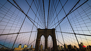 web of the brooklyn bridge, bridge, sky, city, wires HD wallpaper