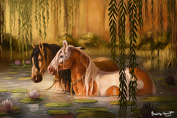 Spirit, brooklyn smith, horse, art, fantasy, couple, water, summer, brown, vara HD wallpaper