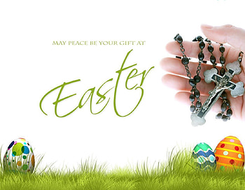 May Peace Be Your Gift..., cross, Jesus, necklace, grass, eggs, spring, hand, holiday, easter eggs, easter HD wallpaper