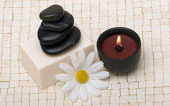 cappucino candle, design, candle, flower, spa, relax, cappucino, feng shui, rocks HD wallpaper
