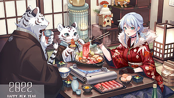Happy New Year Meal Tiger Anime Girl Anime Girl HD wallpaper