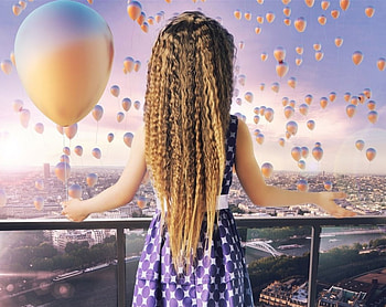 Sky of Balloons, balloons, sky, hair, child HD wallpaper