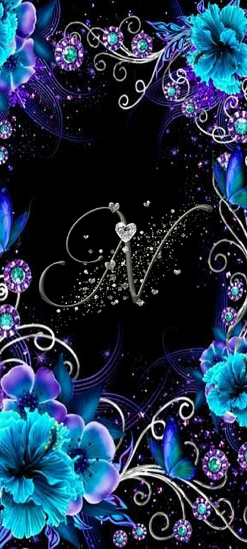 Letter N, flowers, blue, black, hearts, purple, silver, cute HD phone wallpaper