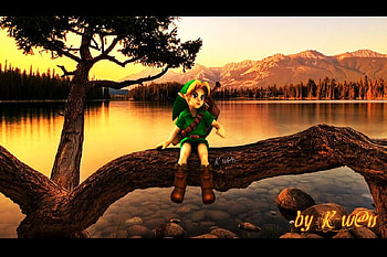 Young Link, shield, sword, woods, rocks, tree, lake, zelda, trees, video games, sunset HD wallpaper