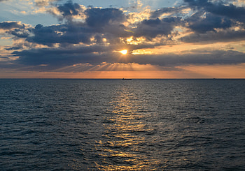 Nature, Sunset, Sea, Waves, Horizon, Ripples, Ripple, Ship HD wallpaper