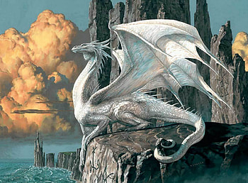 White Dragon, dragon, mountains, water, fantasy HD wallpaper