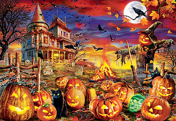 All Hallows Eve, moon, house, pumpkins, scarecrow, sky, bats HD wallpaper