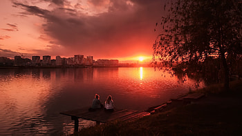 The city, Women, Sunset, River, Trees HD wallpaper