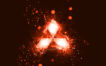 Mitsubishi orange logo, , orange neon lights, creative, orange abstract background, Mitsubishi logo, cars brands, Mitsubishi HD wallpaper