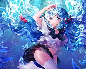 Bottle Miku, blouse, cute, vocaloid, twin tails, long hair, miku, vocaloids, hatsune, twintails, underwater, fish, water, female, sexy, skirt, hatsune miku, ribbon, twintail, hot, girl, bottle, anime girl, anime, goldfish, aqua hair, twin tail HD wallpaper