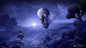 Travelers, night, ship, tree, purple, creative, traveler, moon, fantasy, ography, luna, balloon, luminos HD wallpaper