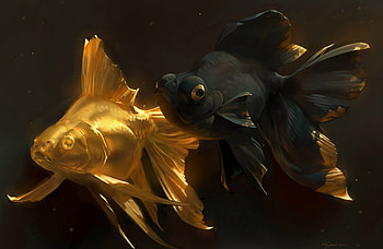 Zodiac ~ Pisces, black, pisces, zodiac, fantasy, art, couple, golden fish, luminos HD wallpaper