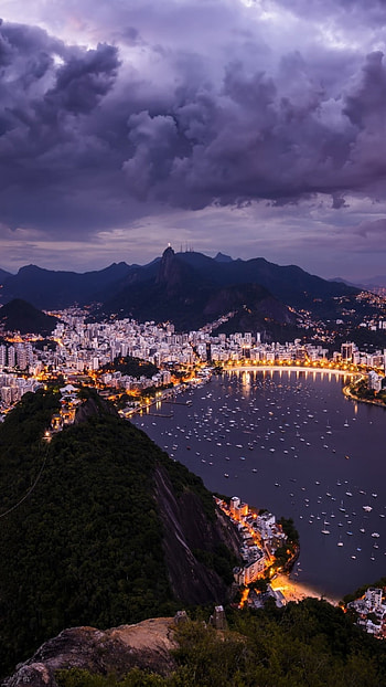 Rio de Janeiro cityscape, Stunning visuals, Lightning scenery, Dramatic clouds HD phone wallpaper
