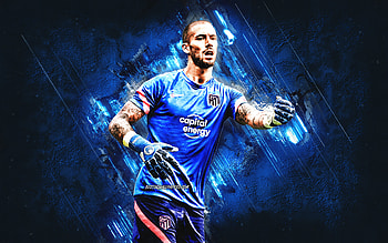 Benjamin Lecomte, Atletico Madrid, French football player, goalkeeper, blue stone background, La Liga, football, grunge art HD wallpaper