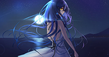 Night out, anime girl, blue long hair HD wallpaper