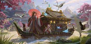 Girl with parasol and cranes, bird, fantasy, art, shusei sasaya, red, parasol, girl, crane, boat HD wallpaper