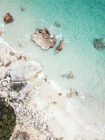 Rocks, coast, aerial shot, bay HD phone wallpaper