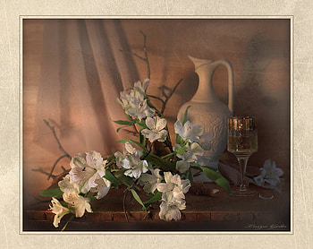 Refinement, table, wineglass, vase, glass, flowers, silk HD wallpaper