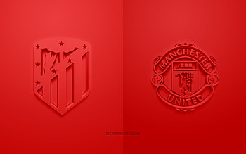 Atletico Madrid vs Manchester United, 2022, UEFA Champions League, Eighth-finals, 3D logos, red background, Champions League, football match, 2022 Champions League, Manchester United FC, Atletico Madrid HD wallpaper