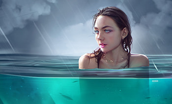 Mermaid, girl, water, vara, blue, asian, art, summer, huy ozuno, fantasy, luminos, siren HD wallpaper