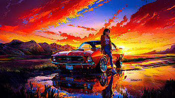 Girl With Classic Vintage Muscle Car, artist, artwork, art, digital-art, ai, car, mountains HD wallpaper