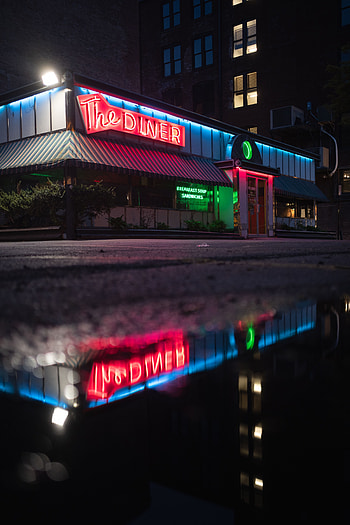Sign, Building, Reflection, Miscellanea, Miscellaneous, Neon, Signboard, Puddle HD phone wallpaper