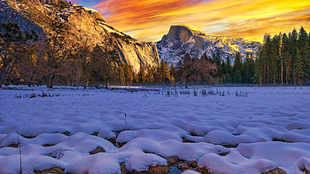 Winter in Yosemite Valley, snow, colors, clouds, landscape, trees, sky, mountains, sunset, usa HD wallpaper