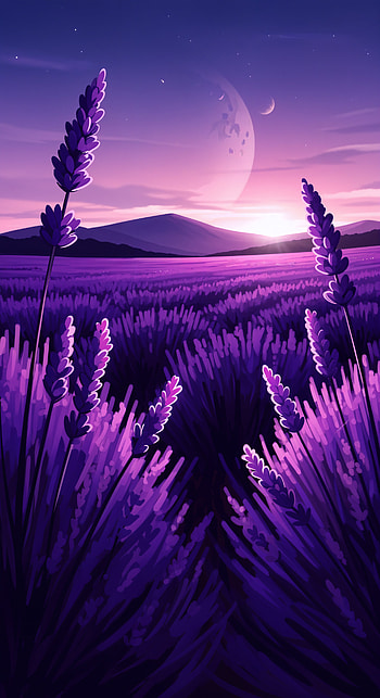 Lavender Dreams: Serene Twilight , lavender, field, moon, landscape HD phone wallpaper