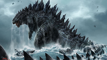 godzilla, sea, waves, boats, aircrafts, submarine HD wallpaper