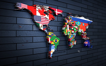 3D political world map, , blue brickwall, map of world countries, creative, world maps, 3D art, 3D world map, world map concepts, world map with flags HD wallpaper
