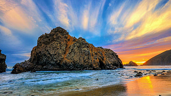 Sunset at rocky coast, sky, water, sea, landscape, clouds, colors HD wallpaper