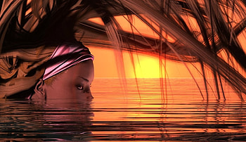 Hidden from Danger, headscarf, reeds, fantasy, eyes, water, sunset, female HD wallpaper