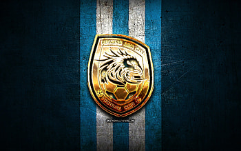 Petaling Jaya City FC, golden logo, Malaysia Super League, blue metal background, football, malaysian football club, Petaling Jaya City FC logo, soccer, FC Petaling Jaya City HD wallpaper
