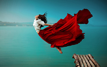 I can fly..., sea, long dress, flying, girl, beauty HD wallpaper