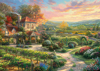 :), painting, thomas kinkade, art, pictura, house, sunset, countryside HD wallpaper
