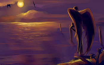 Angel, uminos, wings, purple, pink, fantasy, yellow, luminos, water HD wallpaper