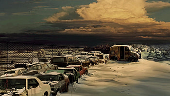 art of a junkyard in winter, winter, junkyard, art, cars HD wallpaper