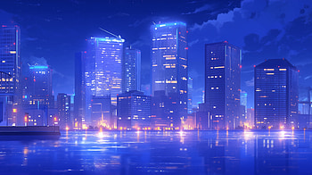 Futuristic Cityscape - Neon Lights and Water Reflections, Cool, cityscape, nighttime, skyscraper, Digital Art HD wallpaper