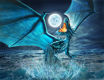 Dragon, blue, sea, wings, white, art, adrian chesterman, summer, moon, fantasy, luminos, water HD wallpaper