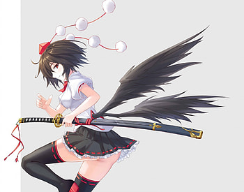 Touhou, sweet, wings, white, black, grey, uniform, cute, girl, beautiful, beauty, anime, pretty, red, short hair, katana HD wallpaper