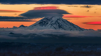 Mount Rainier as seen from Seattle, washington, landscape, colors, clouds, sky, usa, sunset HD wallpaper