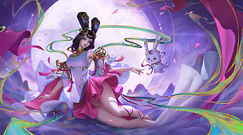 Chang'e, goddess, blue, frumusete, change, purple, yanmin ji, bunny, pink, moon, fantasy, chang e, luna, luminos HD wallpaper