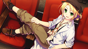 MY STYLE, chair, blond hair, anime girl, chairs, anime, cool, glasses, green eyes, sora no mukou de sakimasu you ni HD wallpaper