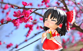*sip* Ahhh~, tea, nendoroid, hakurei reimu, touhou, figurine, sky, blush, cherry blossoms HD wallpaper