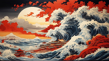 Sunset Sea Japanese Painting, sunset, wave, Japan, painting, Gekiga HD wallpaper