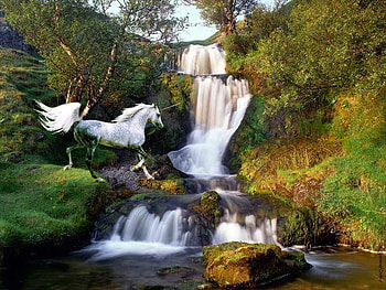 Unicorn Trotting Tawrds A Waterfall, unicorn, waterfall, horse, animals HD wallpaper