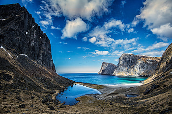 Cliffs, coast, sea, clouds, blue sky, nature HD wallpaper
