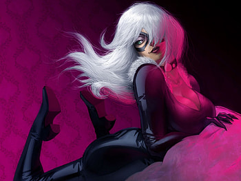 Black Cat Lady, animal, sexy, black, mask, masquerade, cat, beauty, pink, lady, white hair, green eyes HD wallpaper