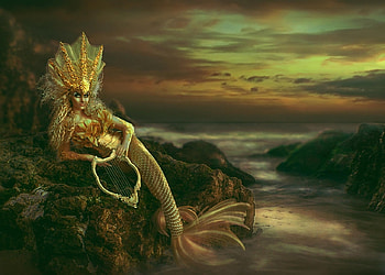 Golden sunset, annewiof, fantasy, girl, sunset, siren, golden, sea, mermaid, jewel, water HD wallpaper