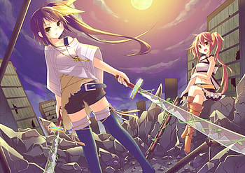 ⚔|Samurai Girls|⚔, War, Rocks, Window, Orange Hair, Girls, Green Eyes, Ray, Light, Belt, Sword, Bright, Yellow Hair, Sun, Ponytail, Battle, Black Boots, Debris, Scenery, Sunset, Calm, Yellow Eyes, Damage, Lovely, Anime, Destruction, Bandages, Samurai Girls, Short Pants, Building, Long Hair, Fight, Challenge, Evening, Two, Short Skirt, Broken, Clouds, Brown Hair, Sky, Argument, Pig Tails Hair, High Boots and Socks, Ahoge, Brown boots, Amane Kurumi Arts, Hope, Blush, Cloud HD wallpaper
